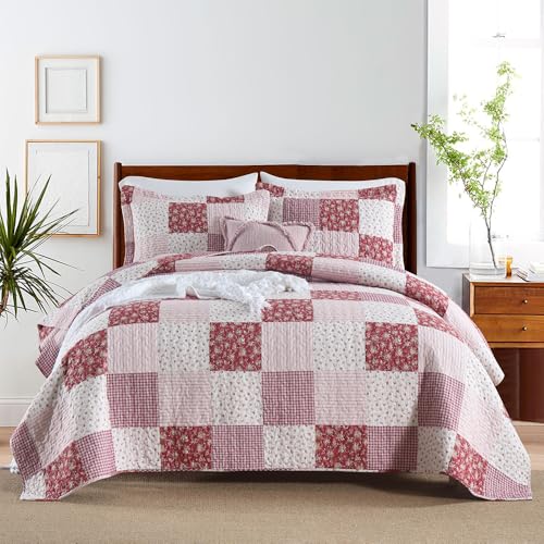 ENASAL Cotton Bedspread Quilt Bedding Sets Reversible Coverlet Sets Comforters Plaid Floral Red White Patchwork Pattern Bedspread for All Season, Queen Size - Image 1