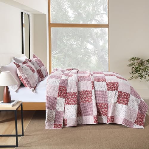 ENASAL Cotton Bedspread Quilt Bedding Sets Reversible Coverlet Sets Comforters Plaid Floral Red White Patchwork Pattern Bedspread for All Season, Queen Size - Image 4