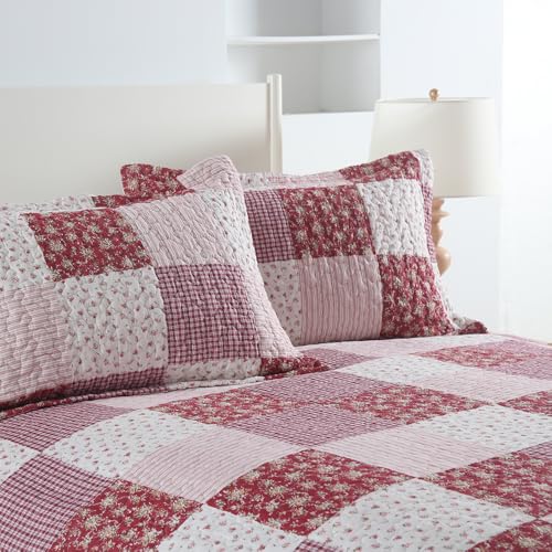 ENASAL Cotton Bedspread Quilt Bedding Sets Reversible Coverlet Sets Comforters Plaid Floral Red White Patchwork Pattern Bedspread for All Season, Queen Size - Image 3