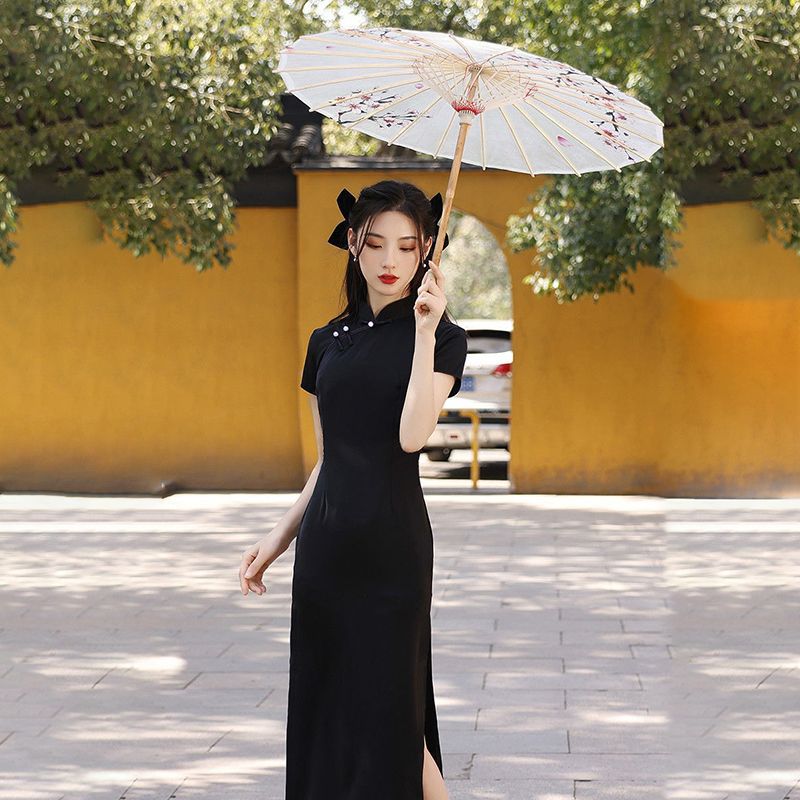 Fresh and elegant new Chinese style dress split national style summer 2024 new daily slim fit improved cheongsam atmosphere *black dye