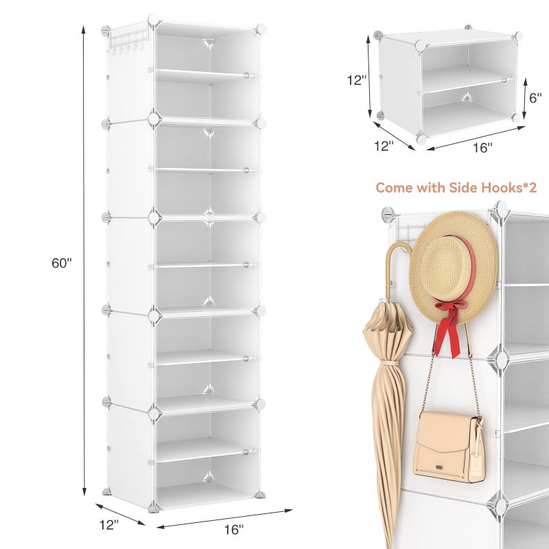 LANTEFUL 10 Tier Shoe Storage Cabinet with Door, Portable Narrow Organizer Rack for 20 Pairs, White Plastic with Hooks for Entryway or Bedroom - Image 3
