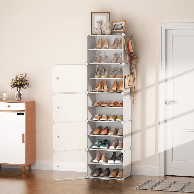 LANTEFUL 10 Tier Shoe Storage Cabinet with Door, Portable Narrow Organizer Rack for 20 Pairs, White Plastic with Hooks for Entryway or Bedroom - Image 2