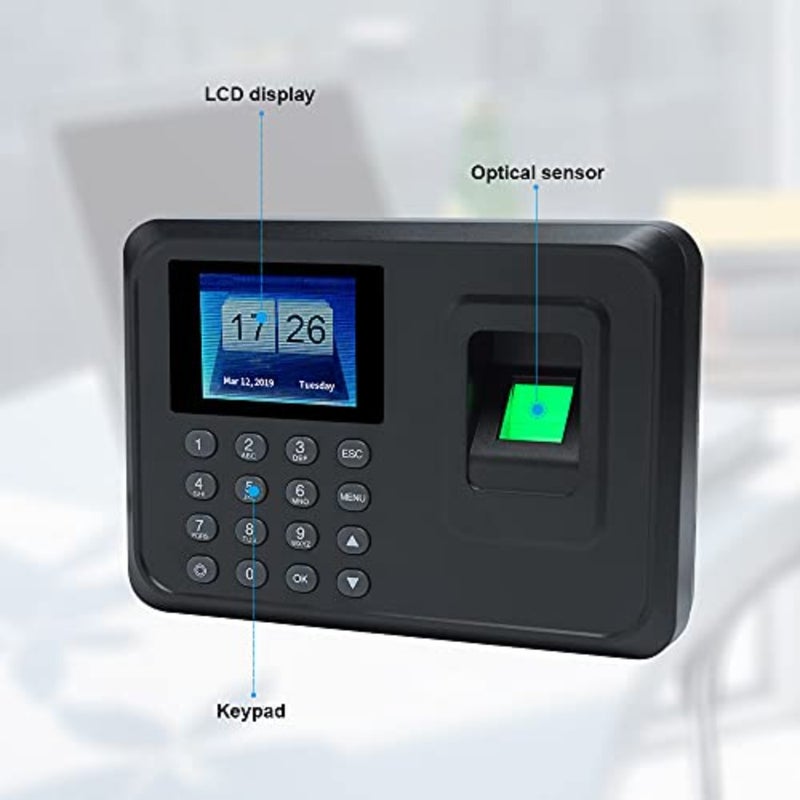 Eacam Fingerprint Attendance Machine 1 pc for office employees, ABS plastic, accurate biometric recognition, black, 2.4-inch TFT LCD display with DC 5V power - Image 3