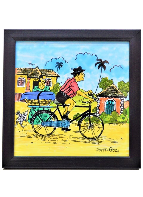 Goa2Gulf Azulejos Hand Painted Baked Tile with Frame in Color - Poder Goa 17 x 17 cm