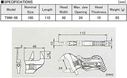 ENGINEER 110mm Stubby Pocket Sized Adjustable Wrench Spanner with Ultra Slim 2mm Jaws and comfort handle cover (TPR), TWM-08 - Image 5