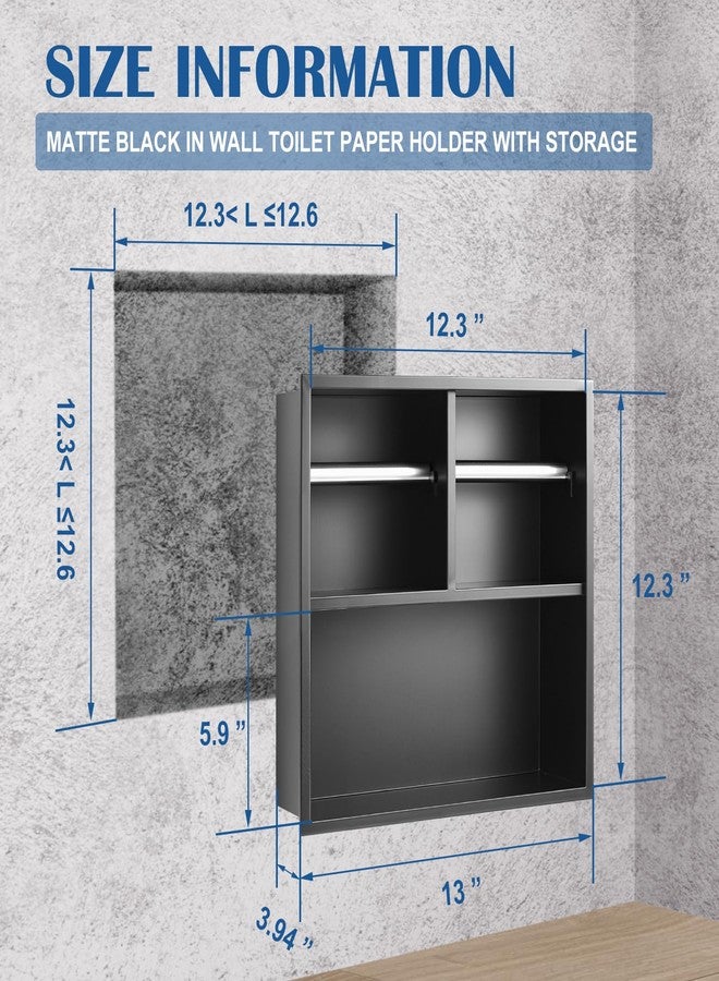 Maxdot Recessed Dual Toilet Roll Holder, Matte Black in Wall Toilet Paper Holder with Storage, Bathroom Wall Niche Shelf, 304 Stainless Steel, Brushed Nickel - Image 2