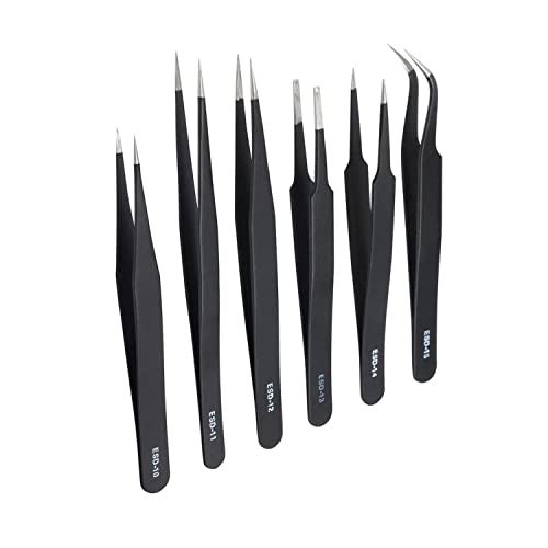 ABAJI 6PCS Precision Tweezers Set Fine Tip Anti-Static Curved of Tweezers ESD Electronics Laboratory Work Jewelry-Making Craft, Soldering Multiple Usage - Image 1