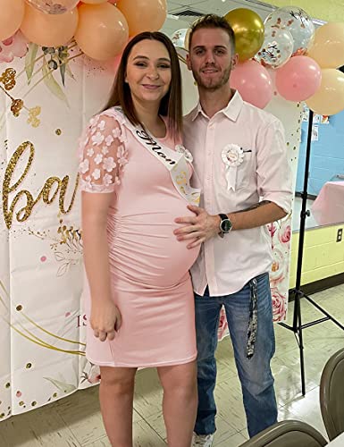 LAHILO Floral Mesh Bishop Short Sleeve Maternity Midi Dress, Summer Maternity Bodycon Dress for Baby Shower - Image 2