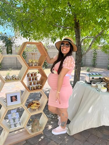 LAHILO Floral Mesh Bishop Short Sleeve Maternity Midi Dress, Summer Maternity Bodycon Dress for Baby Shower - Image 3