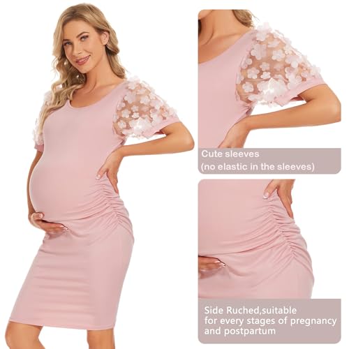 LAHILO Floral Mesh Bishop Short Sleeve Maternity Midi Dress, Summer Maternity Bodycon Dress for Baby Shower - Image 5