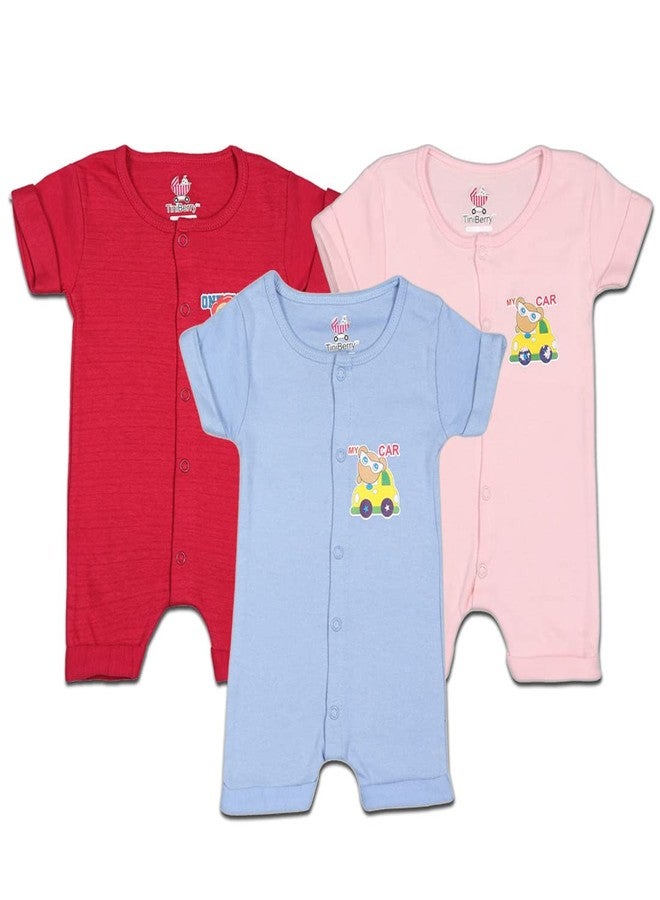 TiniBerry Cotton Rompers Sleepsuits Jumpsuit Knee Lant Rompers Bodysuits Cotton Half Sleeve Rompers Gift Set Half Sleeves Onesies for Infant Pack of 3 (3-6 Months, Pink Rani Light Blue) - Image 1