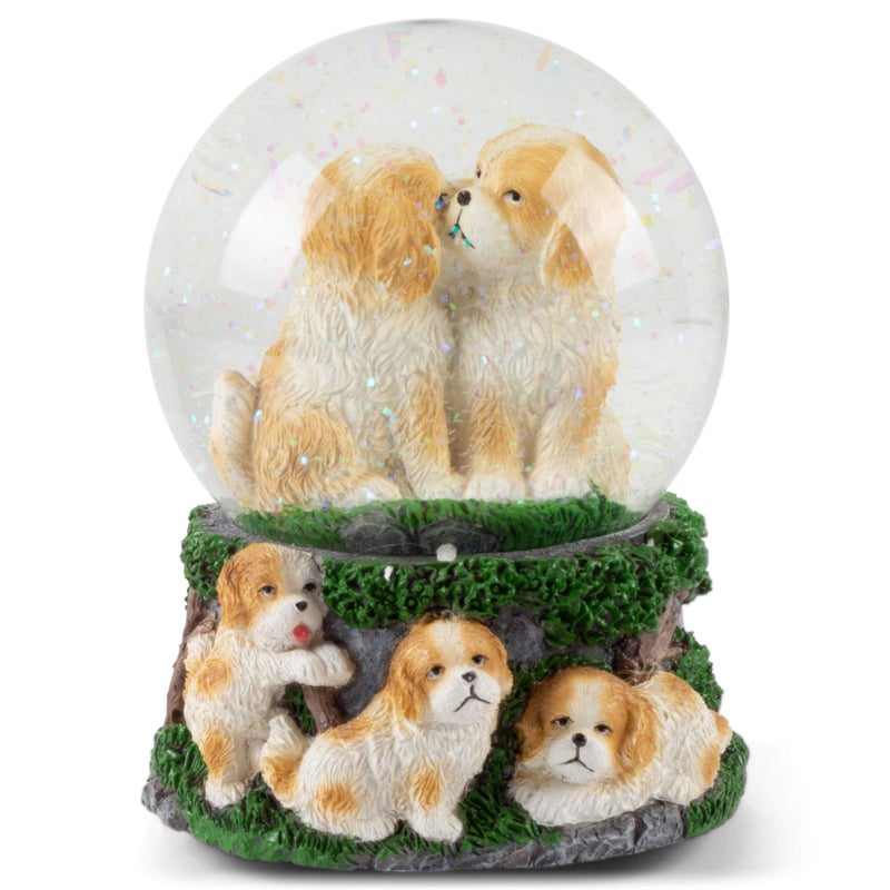 Elanze Designs Playful White Tan Puppies Tabletop Dresser Figurine Decoration 100MM Sturdy Glitter Water Wind Up Musical Snow Globe Plays Tune What a Wonderful World