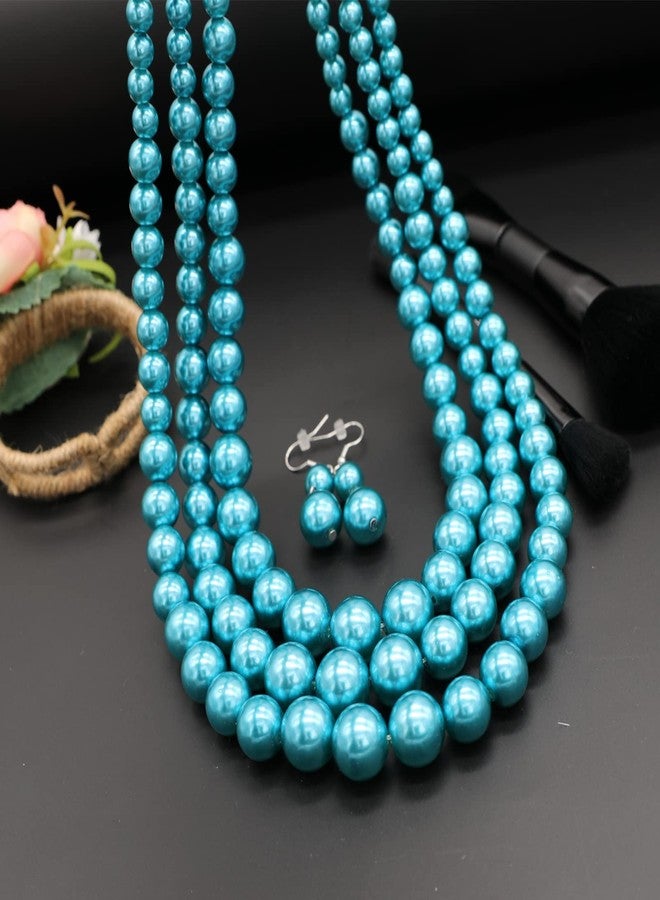 We We We Three Layers Faux Pearl Necklace for Women, Multi Strand Necklace Earrings Set, 1920s Costume Jewelry (Blue Pearl Set) - Image 4