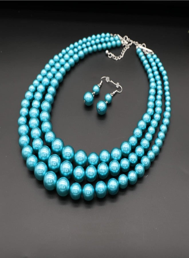 We We We Three Layers Faux Pearl Necklace for Women, Multi Strand Necklace Earrings Set, 1920s Costume Jewelry (Blue Pearl Set) - Image 3