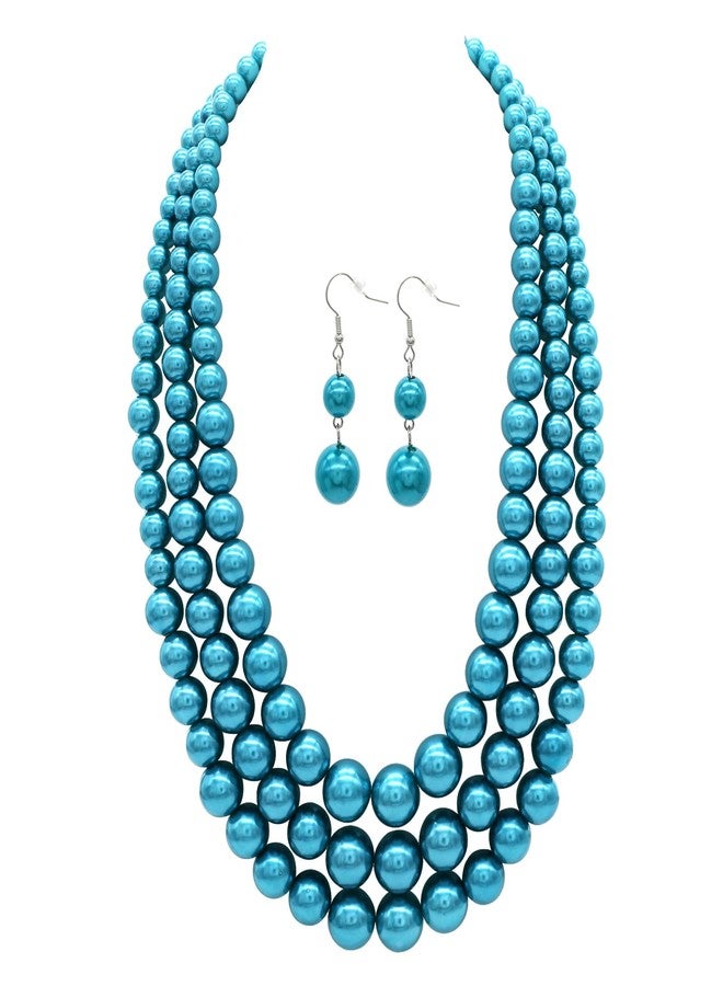 We We We Three Layers Faux Pearl Necklace for Women, Multi Strand Necklace Earrings Set, 1920s Costume Jewelry (Blue Pearl Set) - Image 1