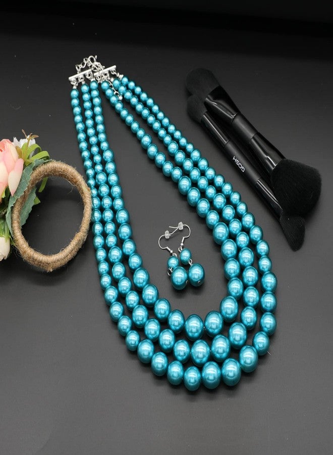 We We We Three Layers Faux Pearl Necklace for Women, Multi Strand Necklace Earrings Set, 1920s Costume Jewelry (Blue Pearl Set) - Image 5