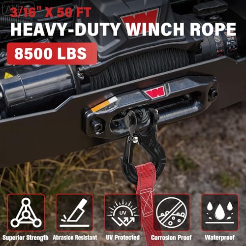 HOKINETY Synthetic Winch Rope Kit - 3/16" x 50' 8500 lbs Synthetic Winch Cable for ATV UTV Off-Road Vehicles with Forged Hook, Rubber Stopper, Protective Sleeve and Safety Pull Strap - Grey - Image 3
