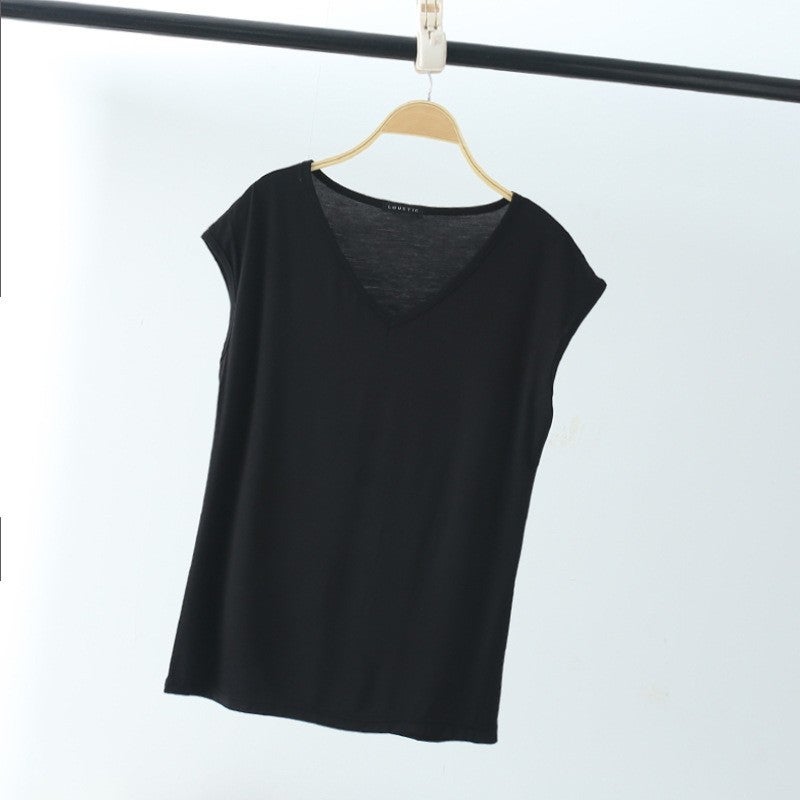 Modal Sleeveless T-shirt Women's Summer Thin V-neck Sleeveless Top Loose Large Size Vest Casual Solid Color Base Shirt - Image 1