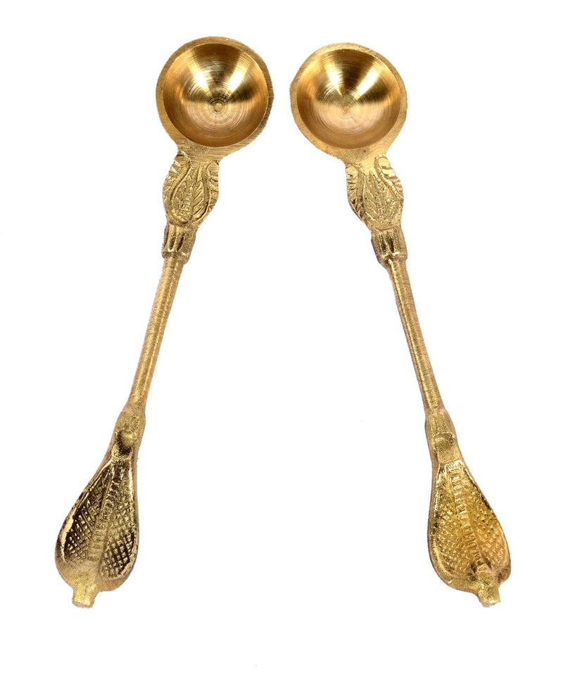 Skywalk Handmade Brass Pooja Anchmani/Charnamrit/Hawan Spoon with Snake Set of 2 - Image 2