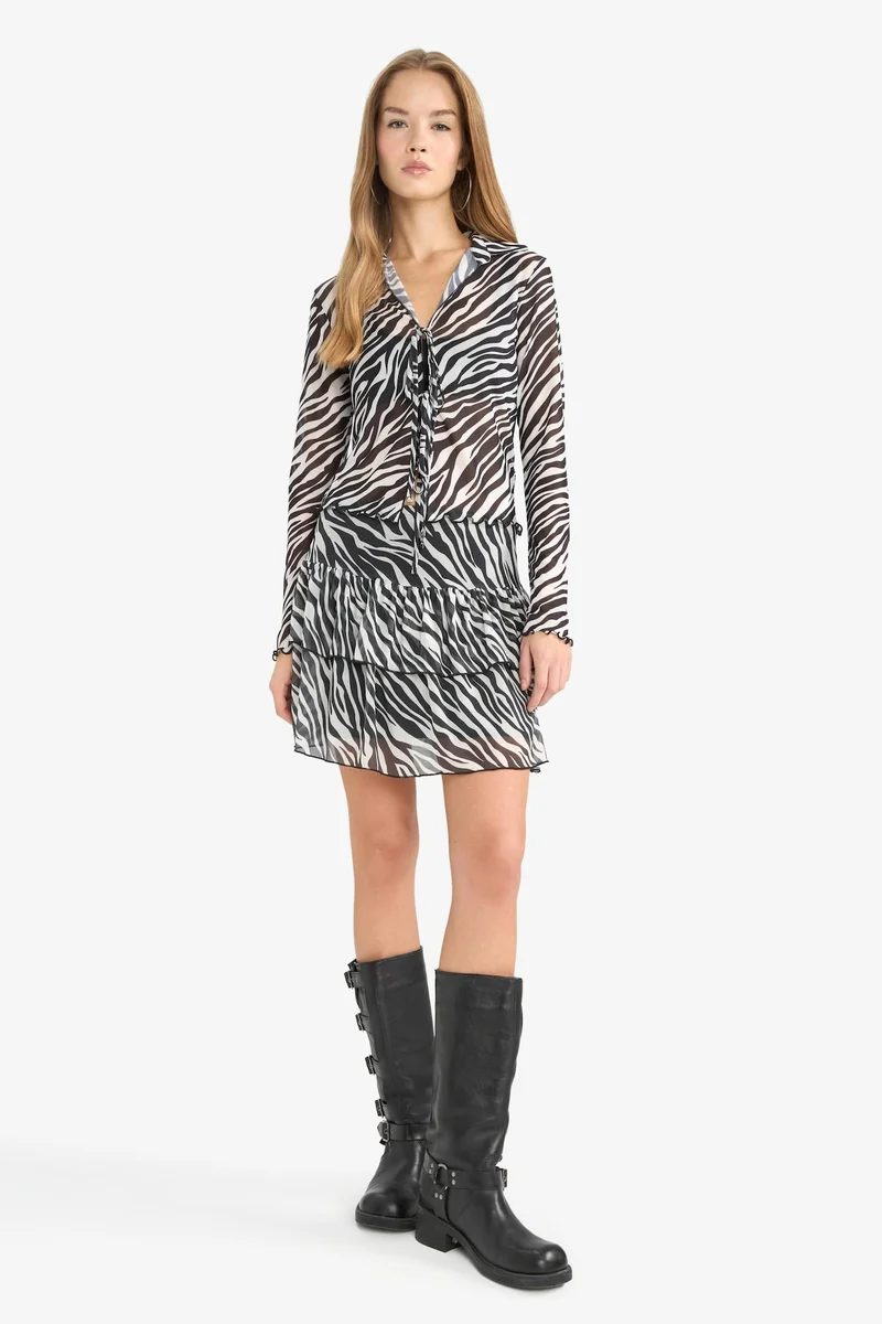 Defacto Coool Zebra Desenli Tulle Normal Waist Mini Knitted Skirt