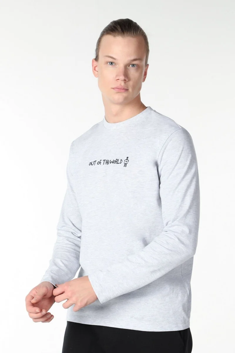 Defy's Men's Printed Long Sleeve Crew Neck T-Shirt Snow Melange