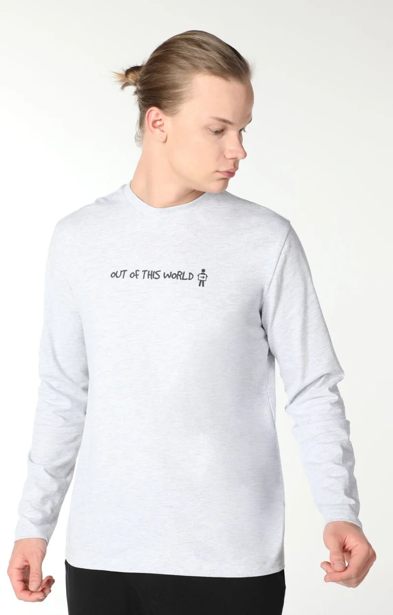 Defy's Men's Printed Long Sleeve Crew Neck T-Shirt Snow Melange
