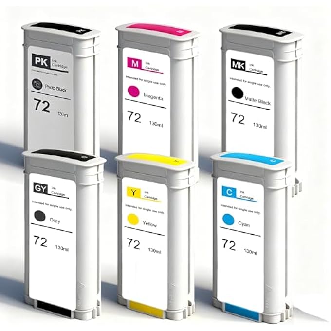 72 INK CARTRIDGES COMPATIBLE HP DESIGNJET T1300, T2300, T770, T1120, T790, T795, T610, T620, T1100, T1200, 6-COLOR COMBO PACK 130ML 72 INK REPLACES HP 72 C9403A, C9370A, C9371A, C9372A, C9373A, C9374A