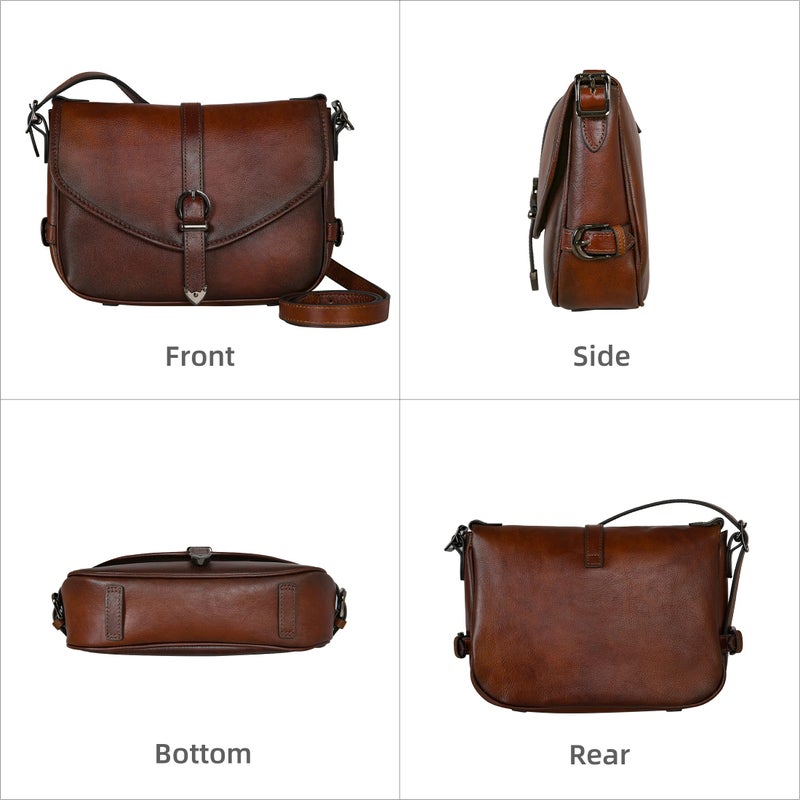 Iswee Coffee Brown Genuine Leather Crossbody Purse Vintage Satchel Shoulder Bag for Women Compact Work Handbag with Multiple Pockets (Coffee) - Image 5