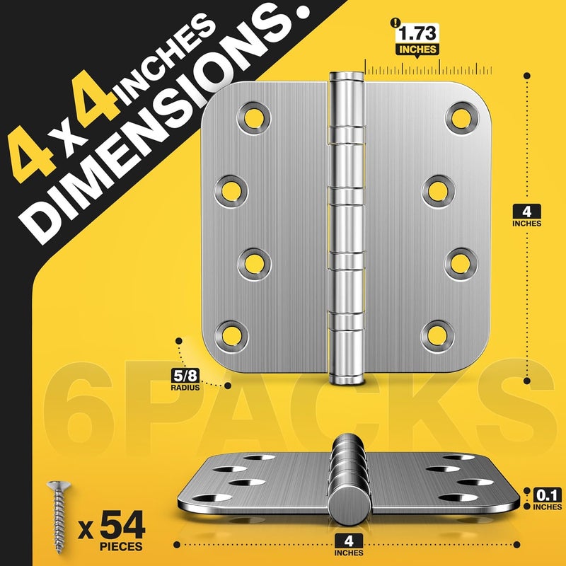Kolet Ball Bearing Door Hinges, 4 x 4 Inches Door Hinges, 5/8'' Radius Corner Hinges, Heavy Duty Stainless Steel, Smooth and Quiet, Non Removable Pin, Brushed Nickel, 6 Pack - Image 2