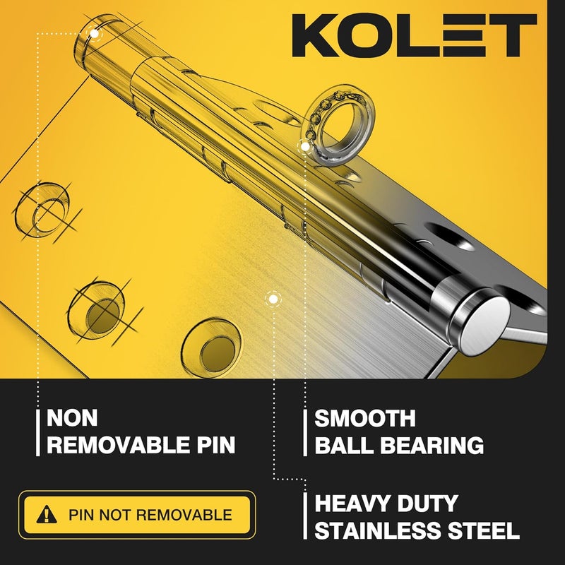 Kolet Ball Bearing Door Hinges, 4 x 4 Inches Door Hinges, 5/8'' Radius Corner Hinges, Heavy Duty Stainless Steel, Smooth and Quiet, Non Removable Pin, Brushed Nickel, 6 Pack - Image 3