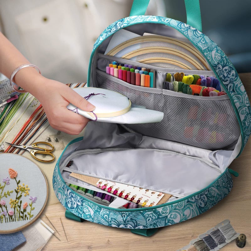 FINPAC Embroidery Project Bag, Embroidery Supplies Storage Carrying Tote Case with Multiple Pockets for Floss, Hoops, Thread, Stitch Tools Kit [Bag Only], Emerald Illusions - Image 5