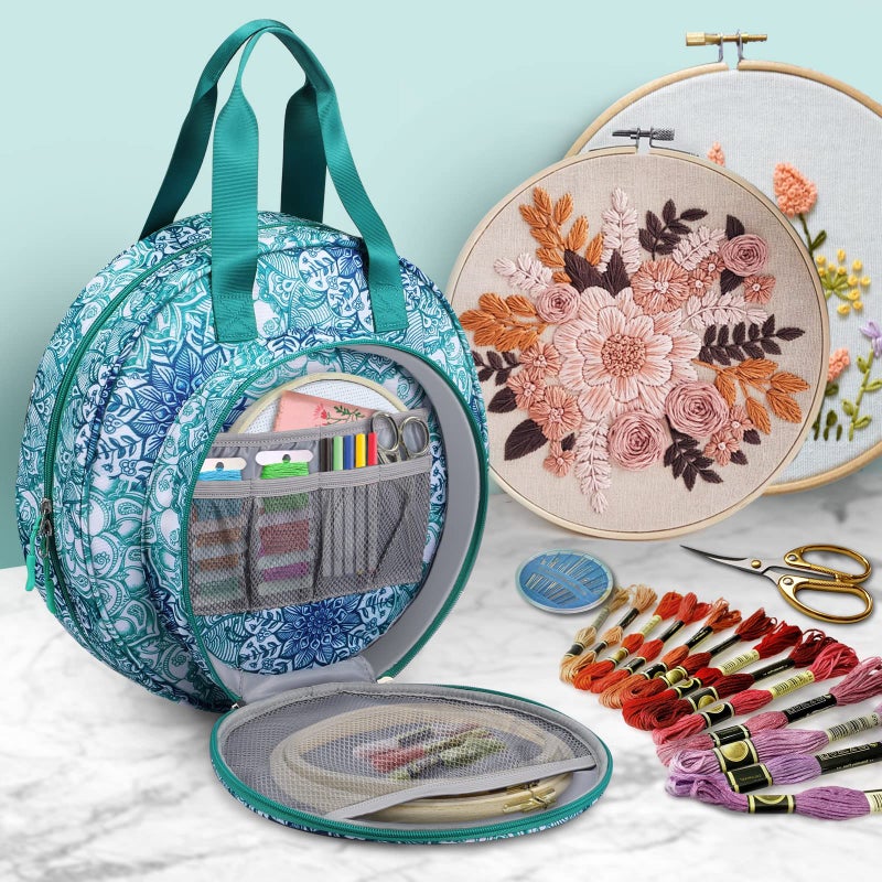 FINPAC Embroidery Project Bag, Embroidery Supplies Storage Carrying Tote Case with Multiple Pockets for Floss, Hoops, Thread, Stitch Tools Kit [Bag Only], Emerald Illusions - Image 4