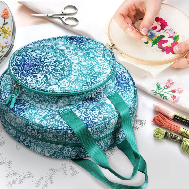 FINPAC Embroidery Project Bag, Embroidery Supplies Storage Carrying Tote Case with Multiple Pockets for Floss, Hoops, Thread, Stitch Tools Kit [Bag Only], Emerald Illusions - Image 2