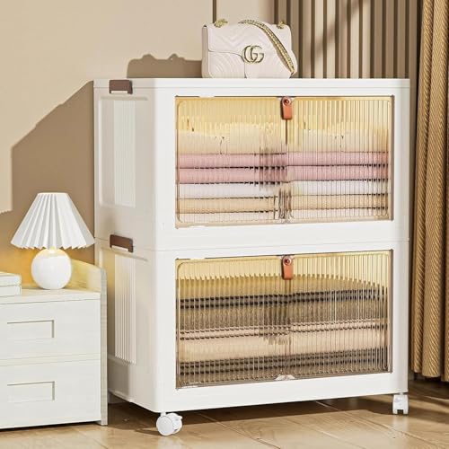 EXVITO Plastic Cupboard for Storage - Collapsible Wardrobes for Clothes | Almirah for Clothes | Folding Storage Box | Stackable Storage Bins with Door Space Saving Bedroom Closet (Cream, 2-Tier) - Image 1