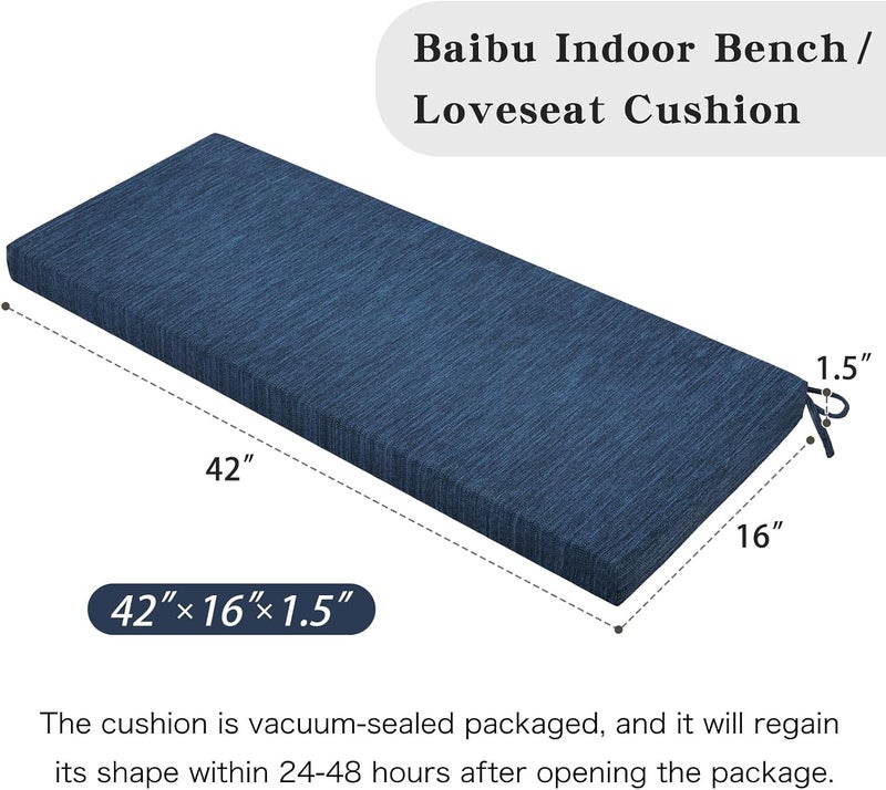 BAIBU Classic Solid Color Bench Cushion with Ties, Non-Slip Indoor Outdoor Rectangle Bench Seat Cushion Standard Size Foam Pad with Machine Washable Cover - One Pad Only (Dark Blue, 42x16x1.5in) - Image 3