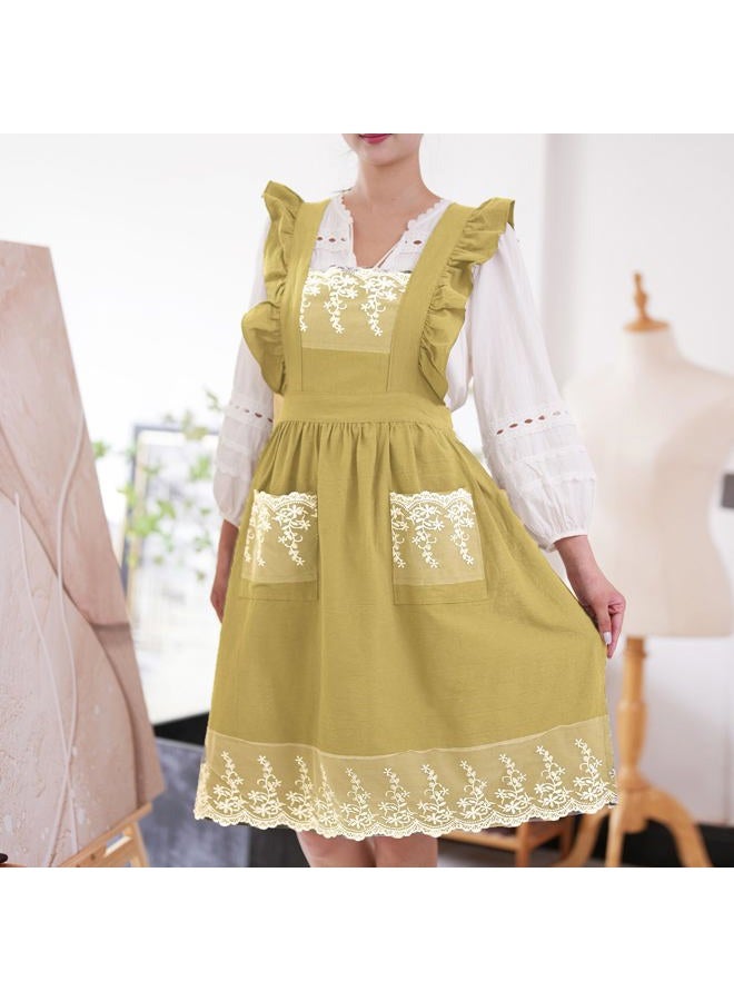 Aoomzoon Vintage Aprons for Women with Pockets Cute Lace Ruffle Adjustable Apron for Cooking Kitchen Baking Gardening, Lemon Yellow, M - Image 2