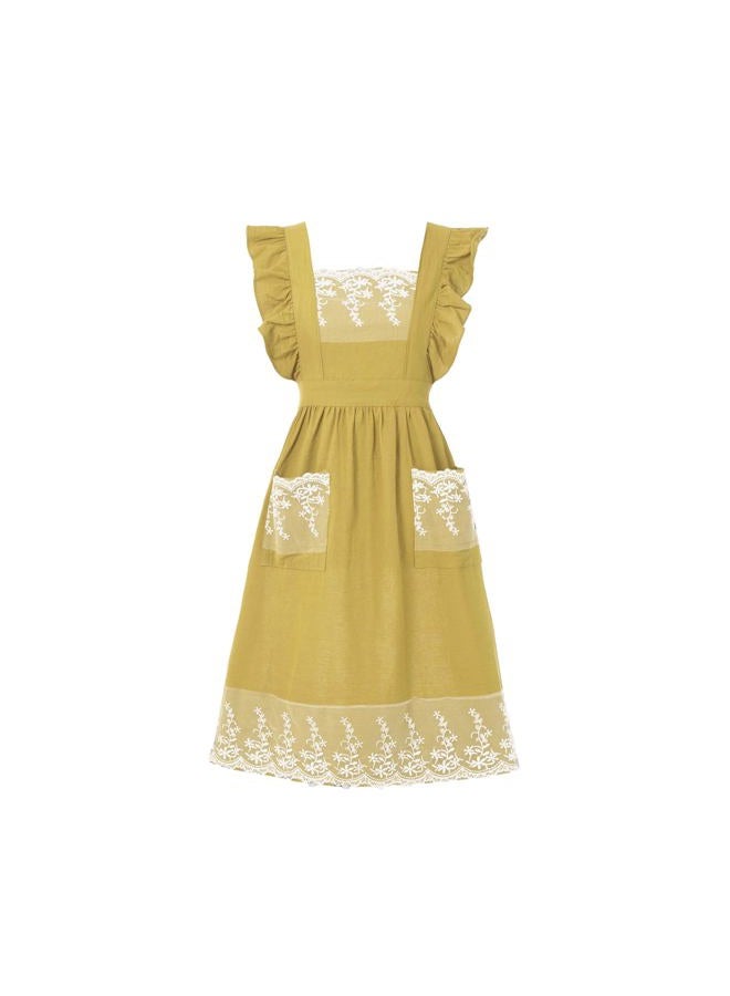 Aoomzoon Vintage Aprons for Women with Pockets Cute Lace Ruffle Adjustable Apron for Cooking Kitchen Baking Gardening, Lemon Yellow, M - Image 1