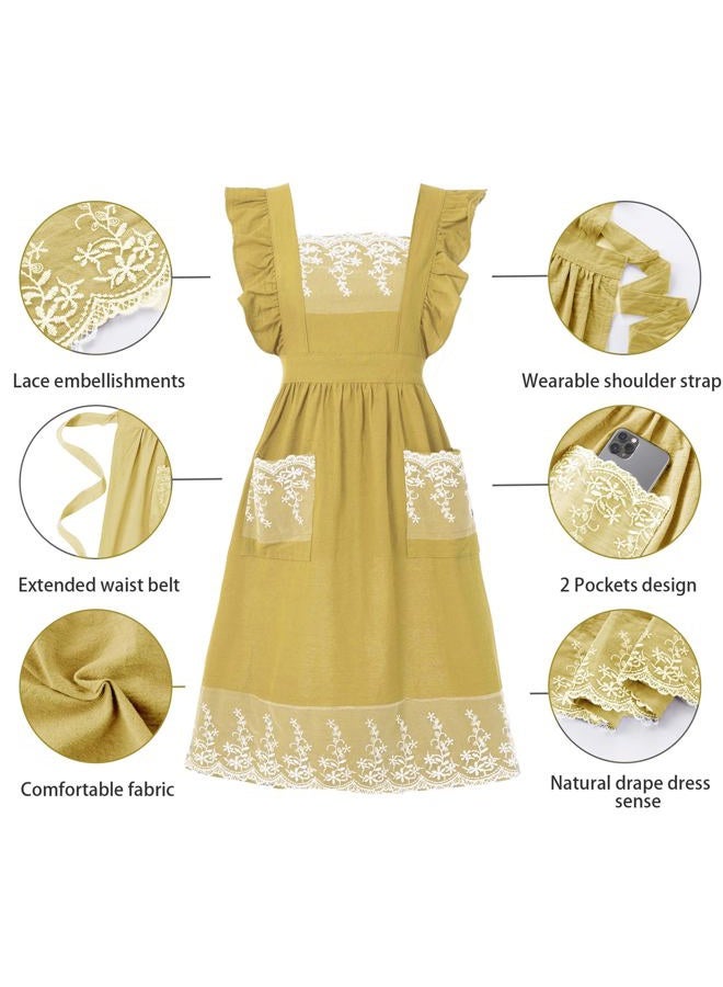 Aoomzoon Vintage Aprons for Women with Pockets Cute Lace Ruffle Adjustable Apron for Cooking Kitchen Baking Gardening, Lemon Yellow, M - Image 4