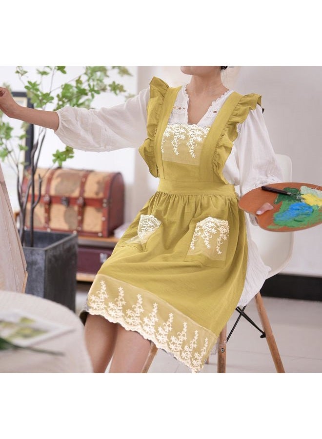 Aoomzoon Vintage Aprons for Women with Pockets Cute Lace Ruffle Adjustable Apron for Cooking Kitchen Baking Gardening, Lemon Yellow, M - Image 3