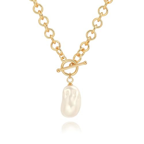PEARLADA Large Baroque Pearl Pendant Necklace, 18k Gold Chunky Chain Link Necklace for Women, Statement Necklace with Toggle Clasp - Image 1