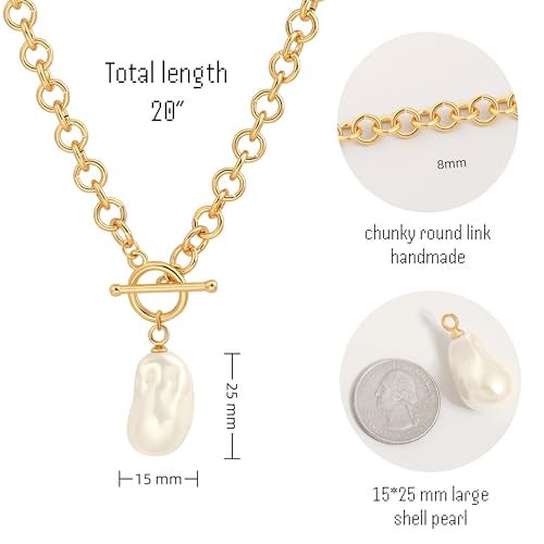 PEARLADA Large Baroque Pearl Pendant Necklace, 18k Gold Chunky Chain Link Necklace for Women, Statement Necklace with Toggle Clasp - Image 4