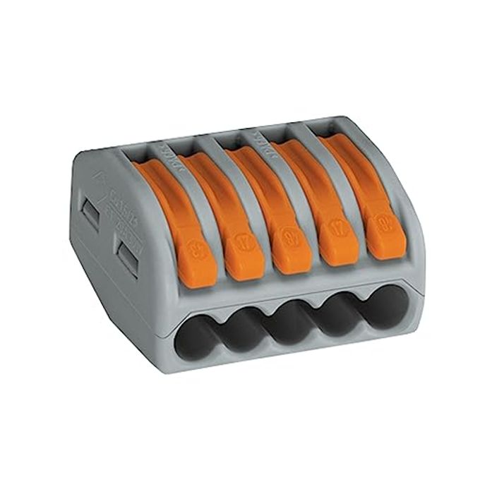 Wago 222-415 | Wago Lever-Nuts | Original Lever-Operated Splicing Connector | For Solid And Stranded Conductors | 5-Conductor With Operating Levers | 28-12 Awg | Gray Housing | [Box Of 40 Pieces] - Image 1