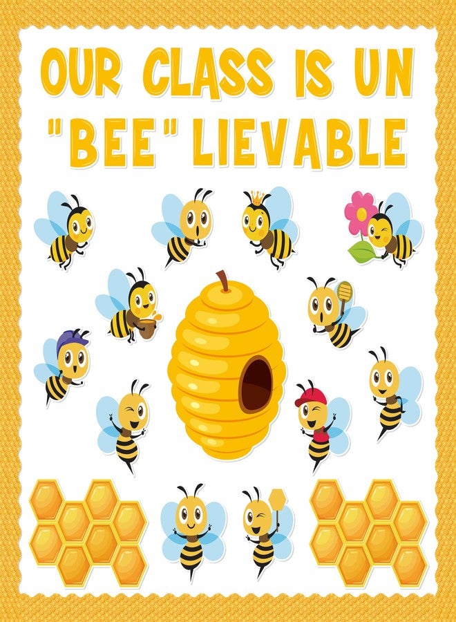 CPicdn 110Pcs Summer Bee Bulletin Board Classroom Decoration Our Class is Unbeelievable Cute Bee Hive Cutouts Name Tags Border Trim Back to School Summer Party Supplies Classroom Chalkboard Wall Decor - Image 1