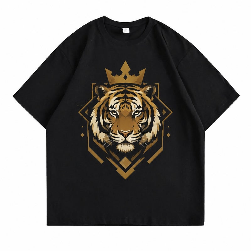 Men's Black Tiger Crown Graphic T-Shirt Casual Short Sleeve Crew Neck Streetwear Tee - Image 5