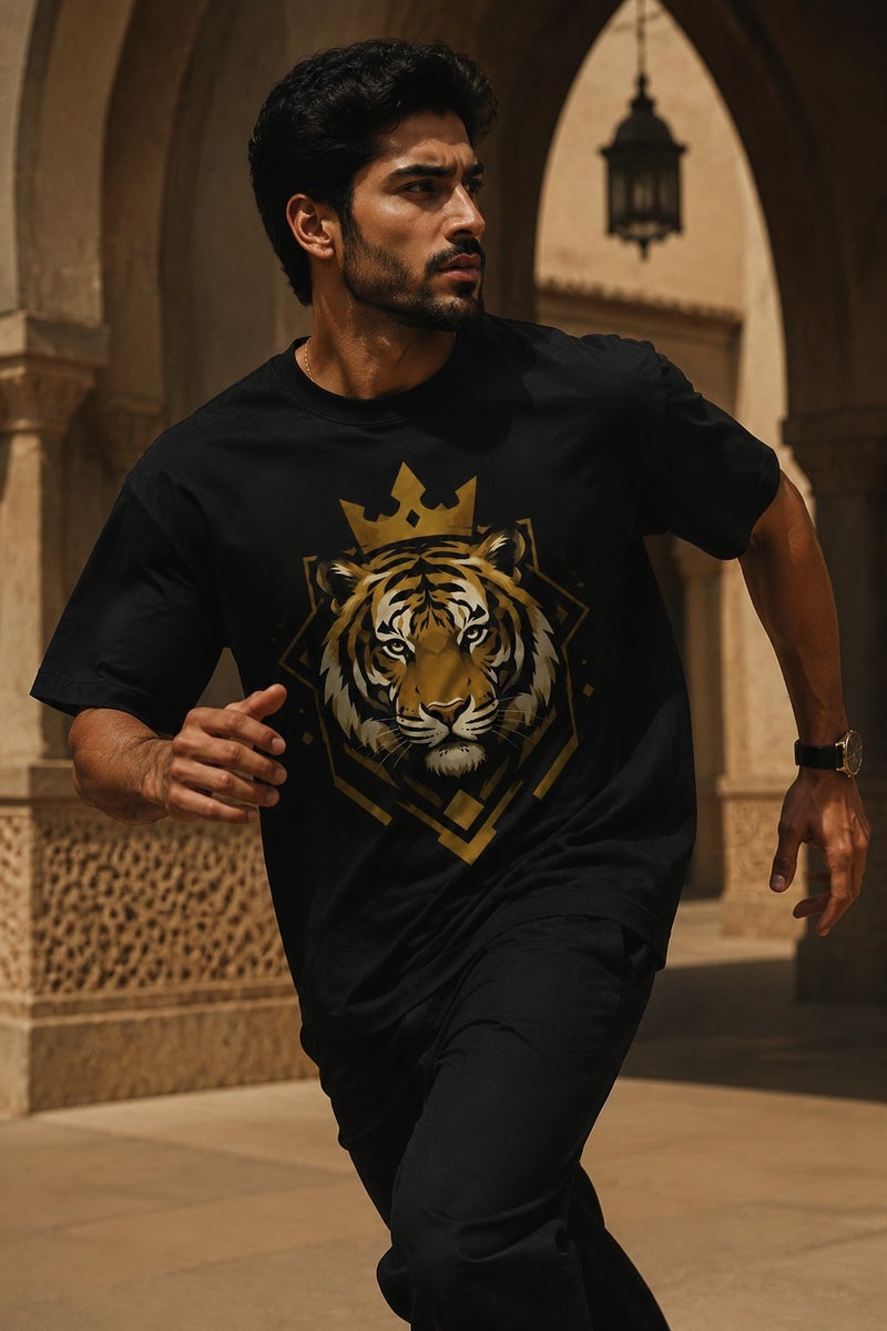 Men's Black Tiger Crown Graphic T-Shirt Casual Short Sleeve Crew Neck Streetwear Tee - Image 3
