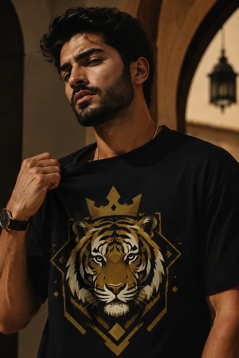 Men's Black Tiger Crown Graphic T-Shirt Casual Short Sleeve Crew Neck Streetwear Tee - Image 4