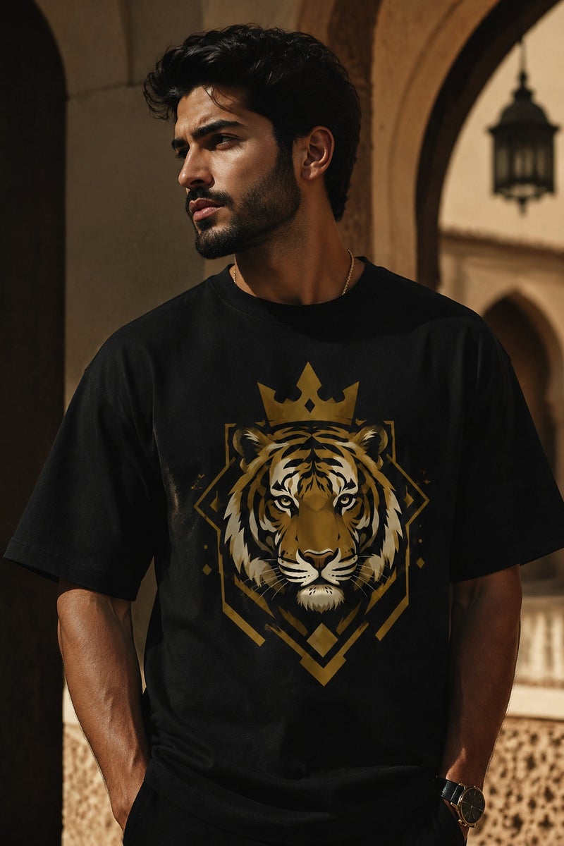 Men's Black Tiger Crown Graphic T-Shirt Casual Short Sleeve Crew Neck Streetwear Tee - Image 1
