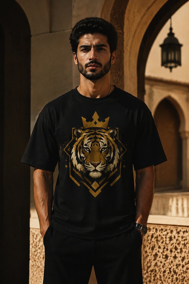 Men's Black Tiger Crown Graphic T-Shirt Casual Short Sleeve Crew Neck Streetwear Tee - Image 2