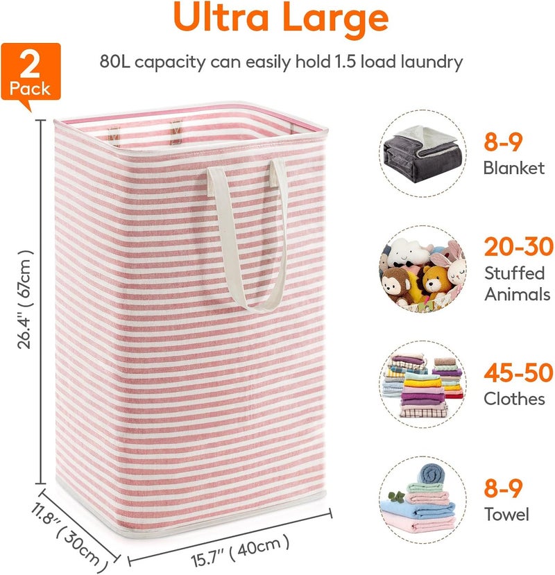 Lifewit 2 Pack Laundry Hamper Large Collapsible Laundry Baskets, Freestanding Waterproof Clothes Hamper with Easy Carry Handles in Laundry Room Bedroom Bathroom College Dorm for Adults, Pink, 2 x 80L - Image 4