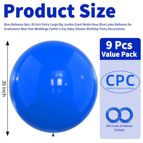 LEEZZIZZ Blue Giant Latex Balloons 36 Inch 9 Pcs Jumbo Large Balloons for Kids Party Wedding Birthday Supply Decorations - Image 5